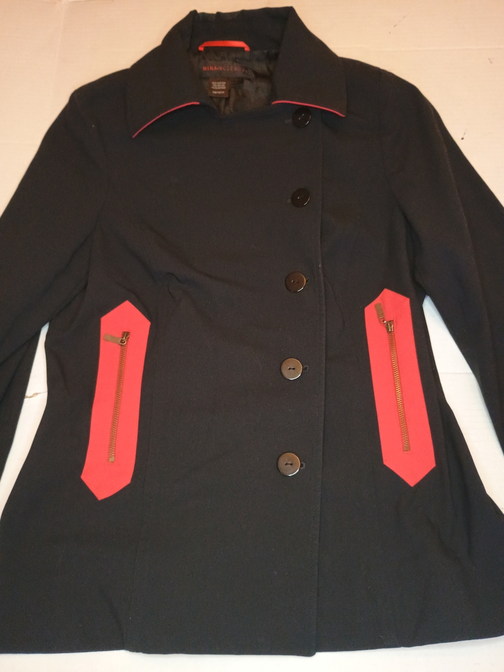Nina Mclemore Black & Red Women's Peacoat Jacket Cotton Blend Size 8